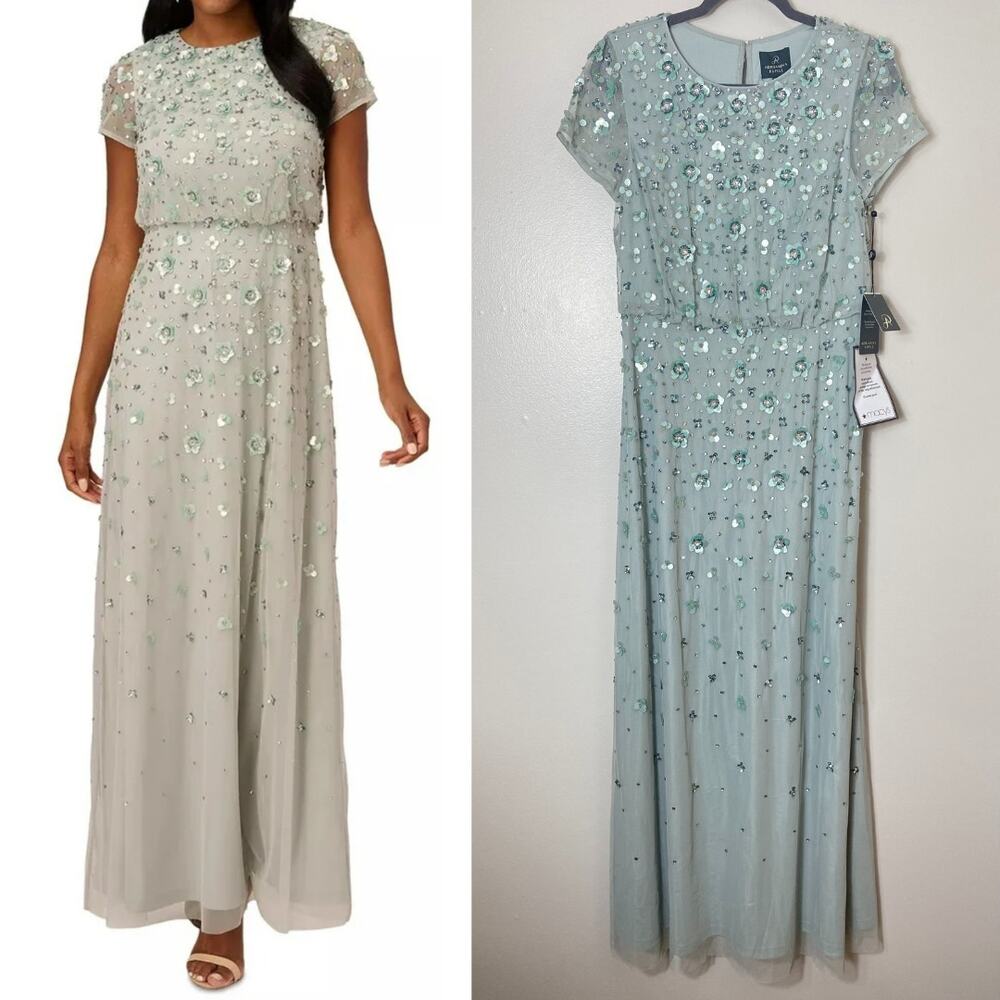 Adrianna Papell Dress 10 Green Sequin Beaded Wedding Guest Mother of the Bride - Picture 2 of 15